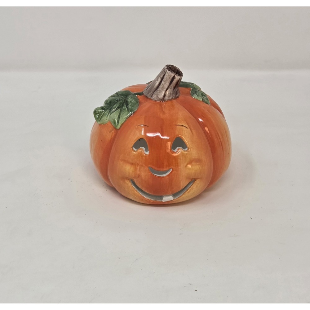 Ceramic Jack-O-Lantern Pumpkin Tea Light Candle Holder Halloween Decor 4.5"